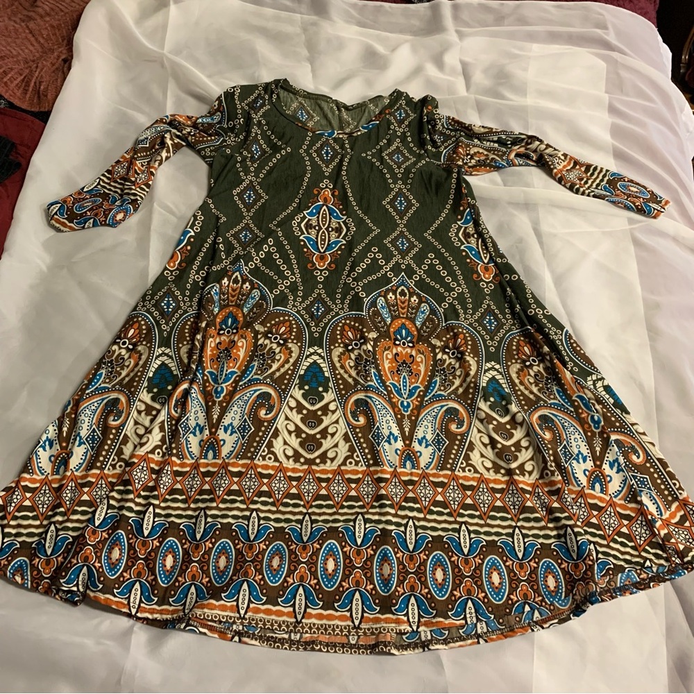 Long Sleeve Boho Style Dress with Paisley Mandela Pattern Whimsigoth Olive Green